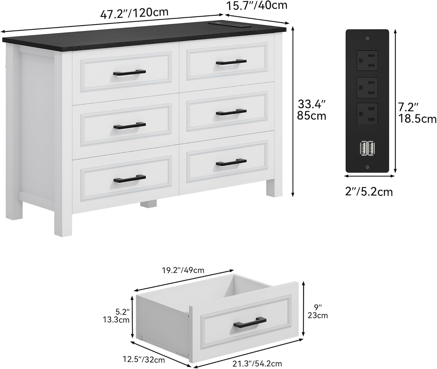 6 Drawer Dresser With Built In Power Outlet White And Black