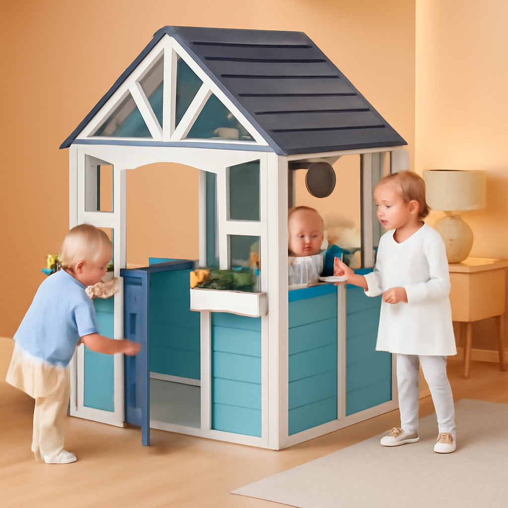 Blue Wooden Backyard Playhouse With Integrated Sink