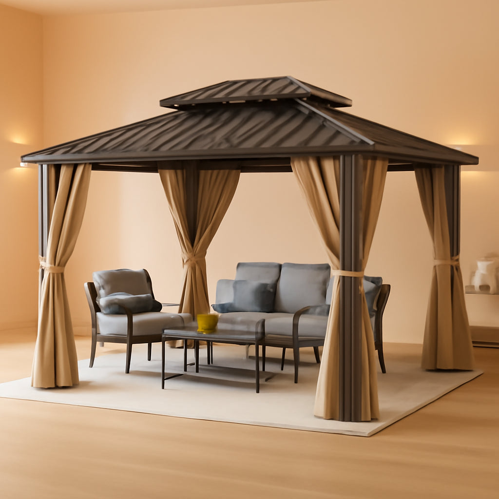 10x12 Ft Brown Steel Hardtop Gazebo With Netting And Curtains For Patio Garden Outdoor Living