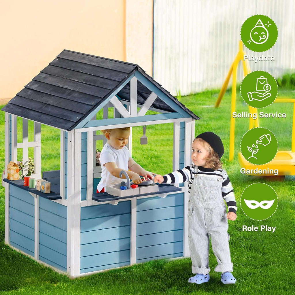 Blue Wooden Backyard Playhouse With Integrated Sink
