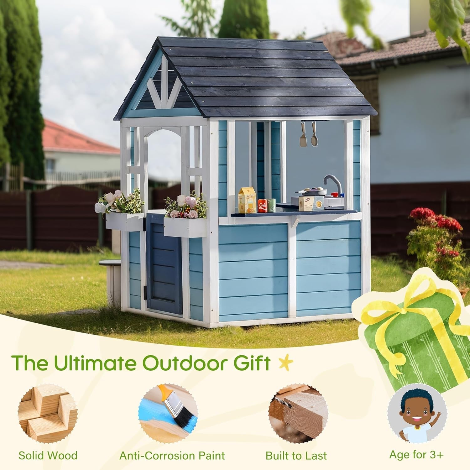 Blue Wooden Backyard Playhouse With Integrated Sink