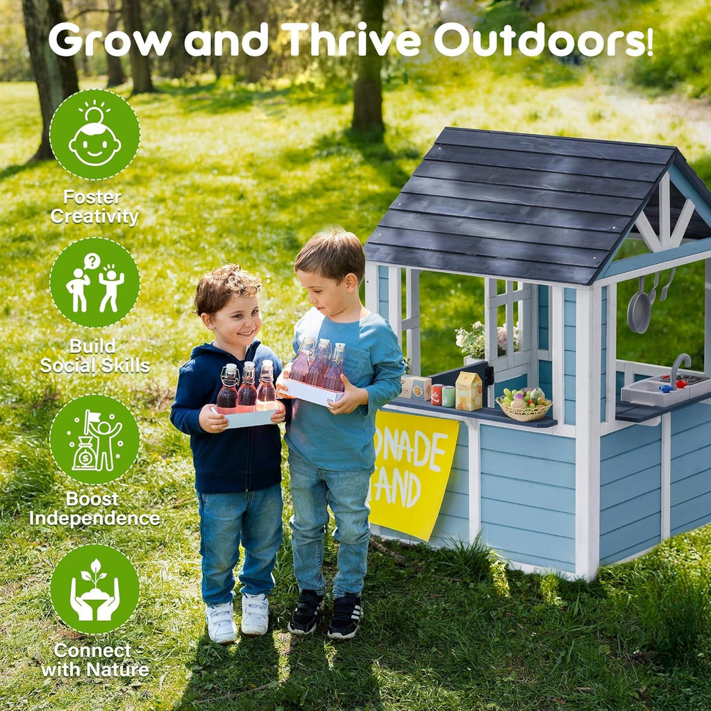 Blue Wooden Backyard Playhouse With Integrated Sink